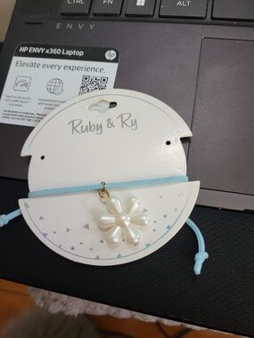 Ruby‎ & Ry Light Blue Cord Bracelet with Pearl Flower Charm on Gold Loop